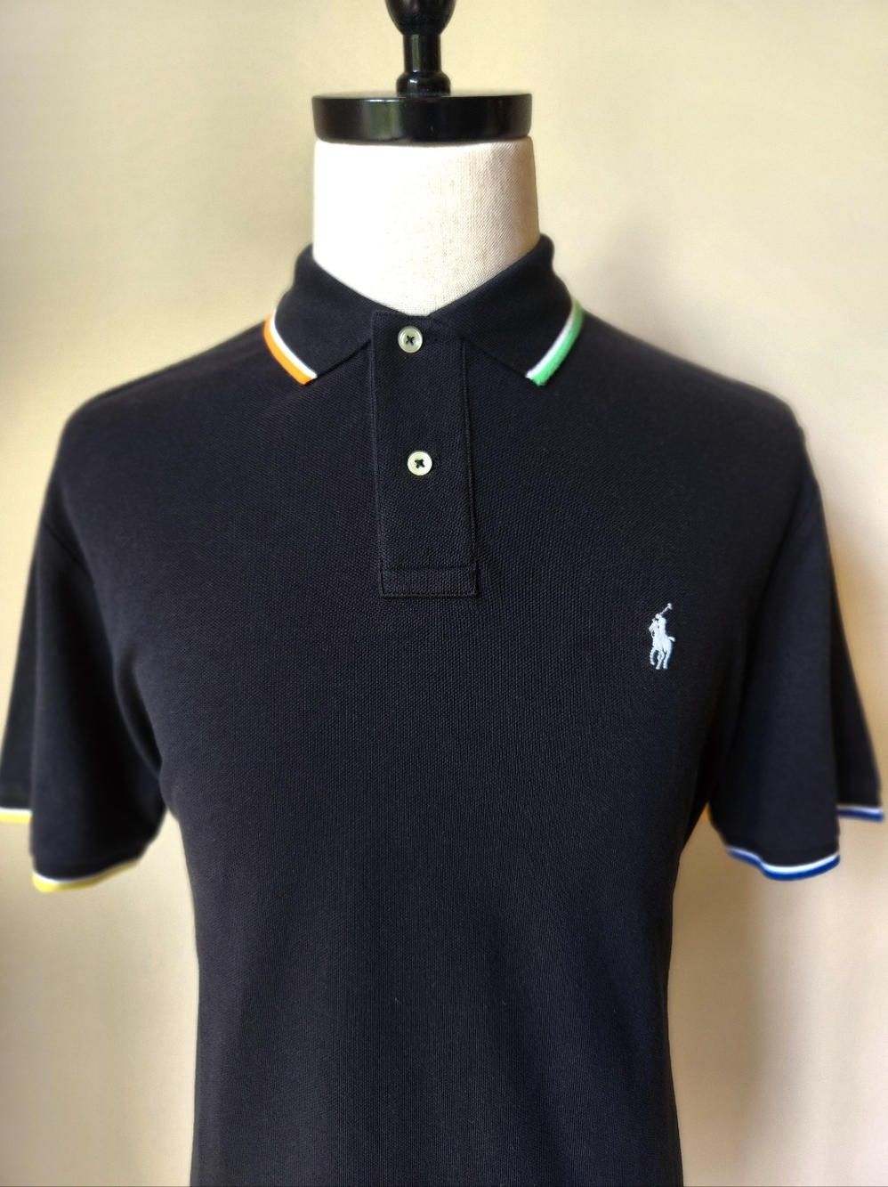 Polo Ralph Lauren Large Black Classic Polo Rainbow Collar Trim White Pony Preppy
